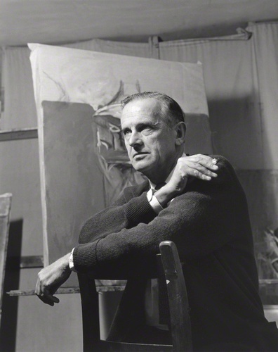Photograph of Graham Sutherland painting in his studio, Rex Coleman, for Baron Studios, 28 August 1962