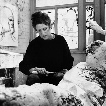 Photograph of Elisabeth Frink working in her studio, 1963